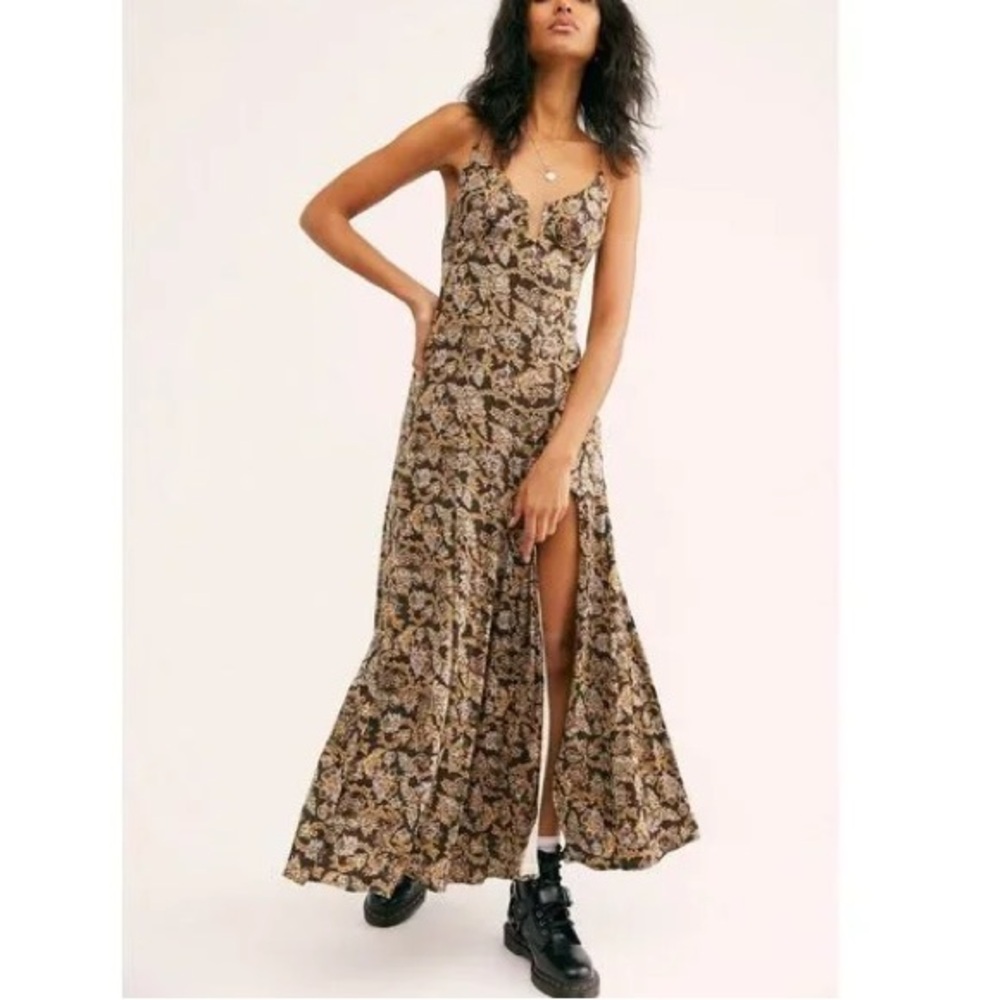 NWT Free People Miorca Maxi Dress with Front Slit size 2 in Black Motif